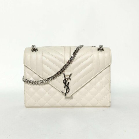 SAINT LAURENT Envelope絎縫翻蓋郵差包信封包中號米白色牛皮銀扣肩背包