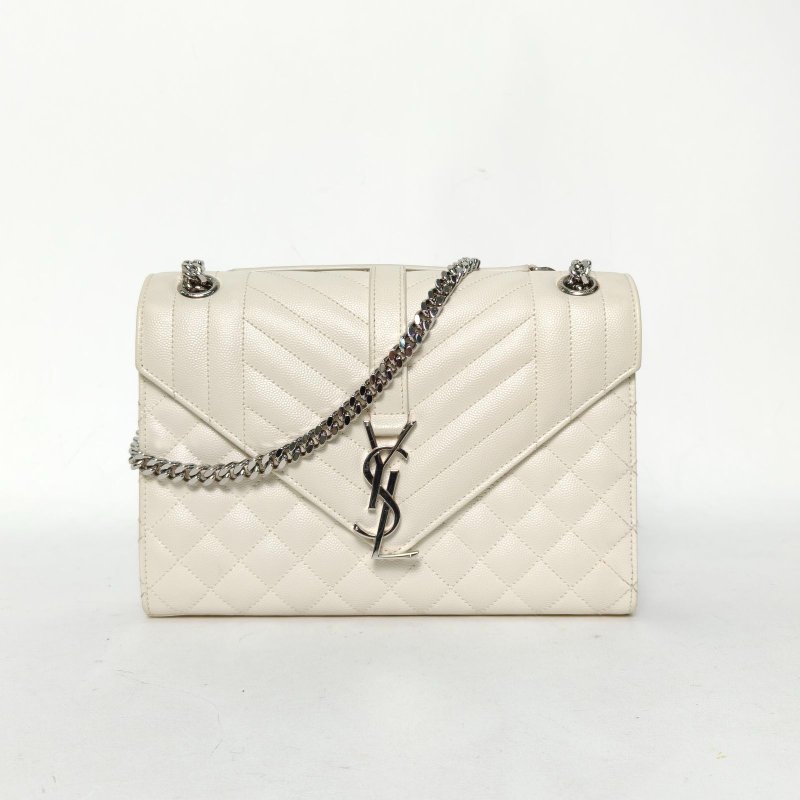 SAINT LAURENT Envelope絎縫翻蓋郵差包信封包中號米白色牛皮銀扣肩背包-0