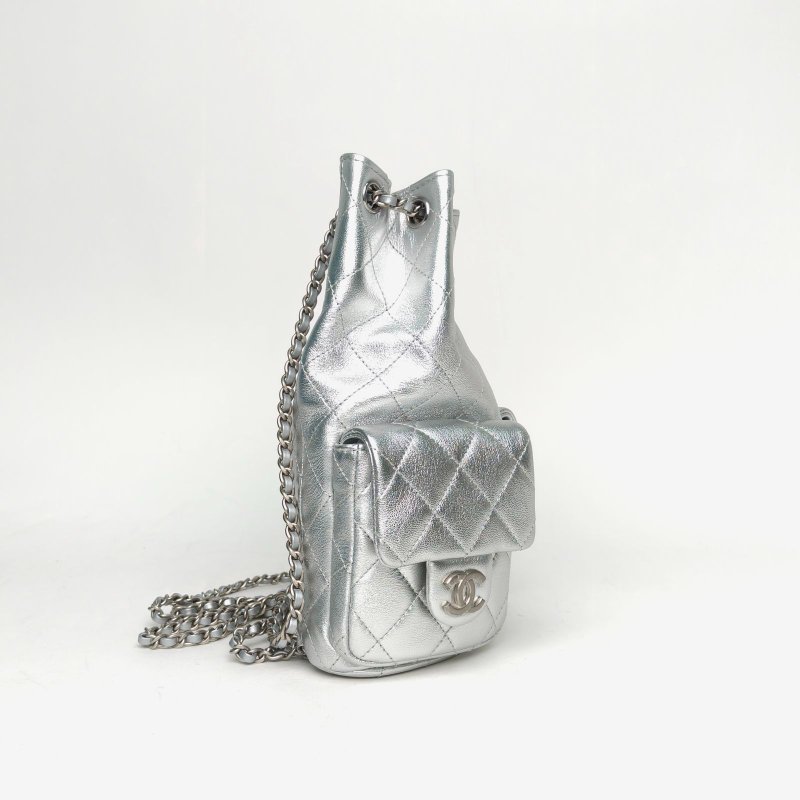 CHANEL 25C新款青蛙包銀色羊皮晶片開銀扣菱格紋肩背包-3
