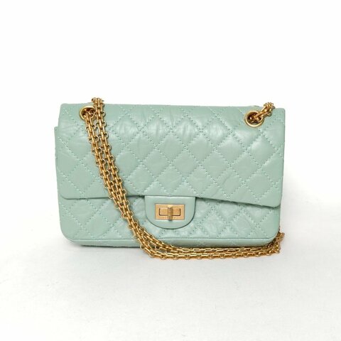 CHANEL 2.55口蓋包小號24綠色牛皮25開金扣肩背包