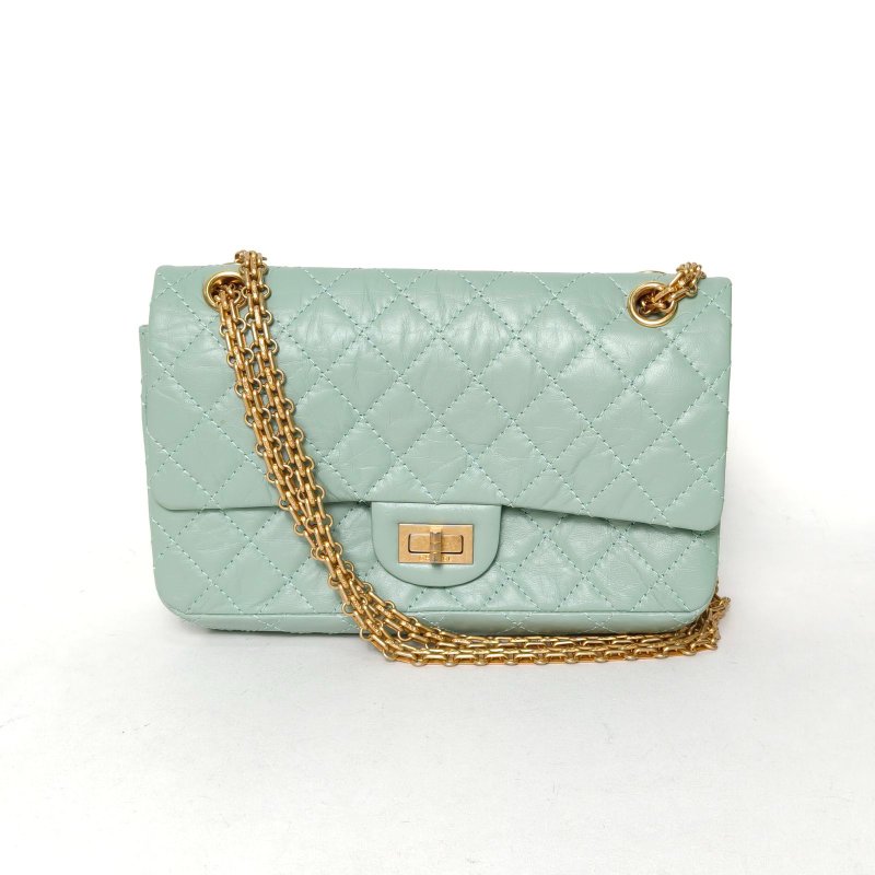 CHANEL 2.55口蓋包小號24綠色牛皮25開金扣肩背包-0