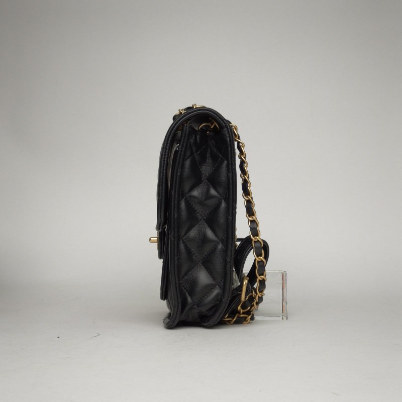 CHANEL 香奈兒季節款24P雙肩包皮穿鏈拼皮黑色羊皮晶片開金扣菱格紋肩背包-1