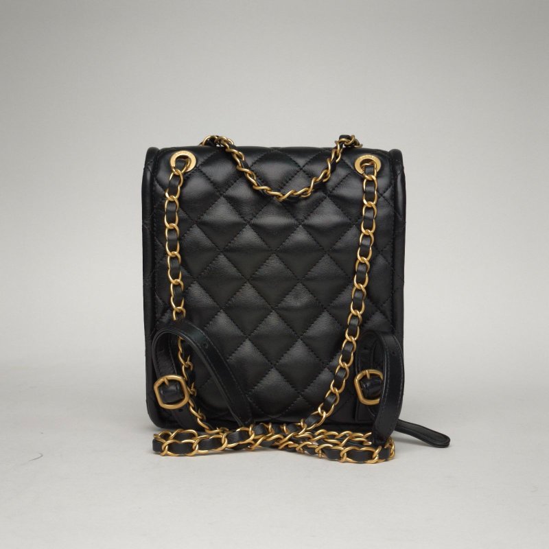 CHANEL 香奈兒季節款24P雙肩包皮穿鏈拼皮黑色羊皮晶片開金扣菱格紋肩背包-2
