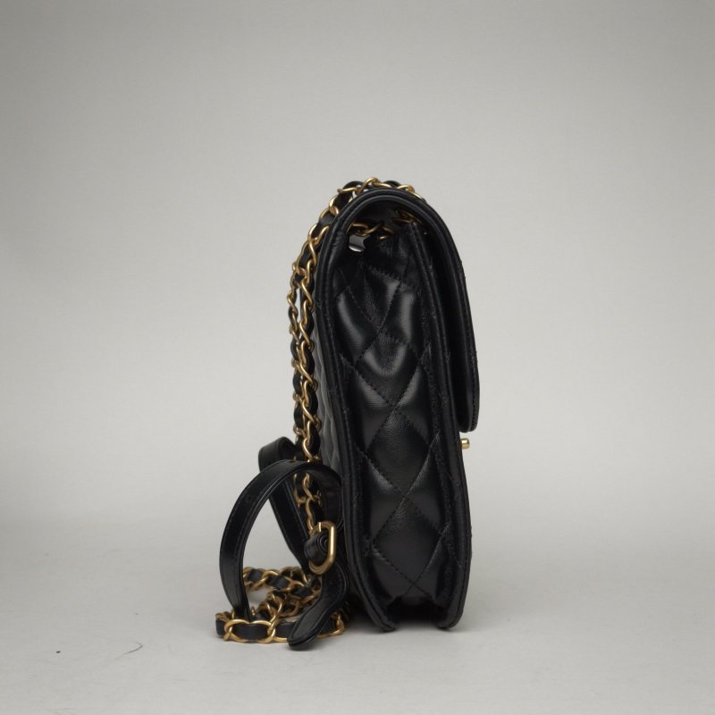 CHANEL 香奈兒季節款24P雙肩包皮穿鏈拼皮黑色羊皮晶片開金扣菱格紋肩背包-3