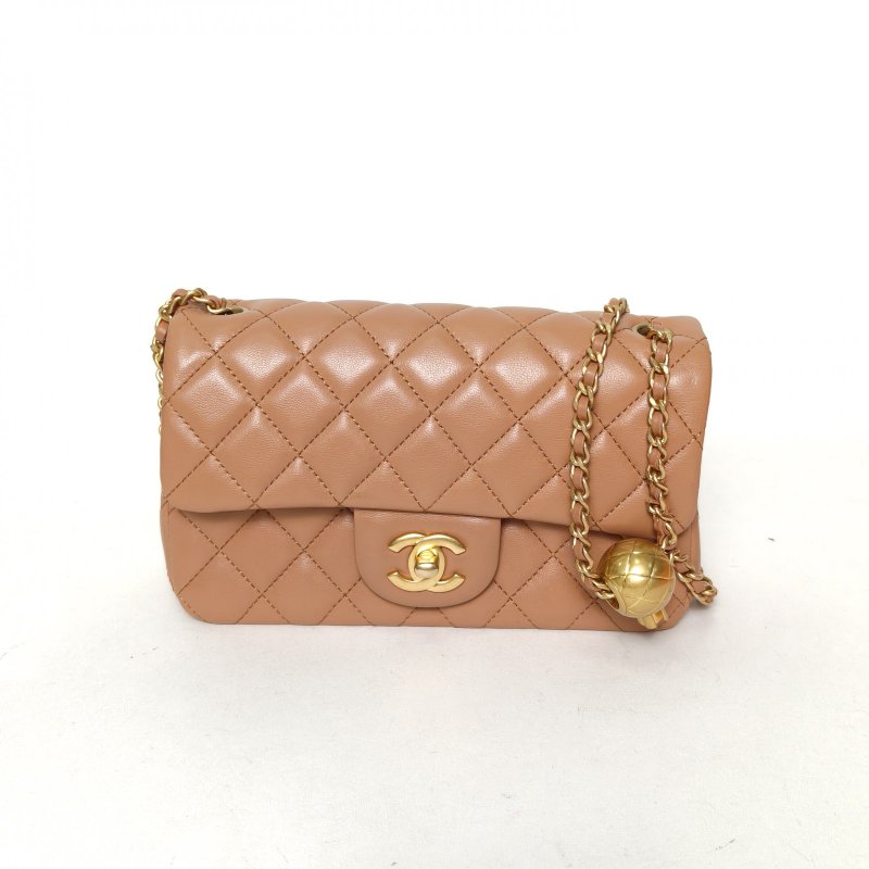 CHANEL CF口蓋包新款硬底大Mini20焦糖色羊皮晶片開金扣金球調節扣肩帶24K肩背包-0