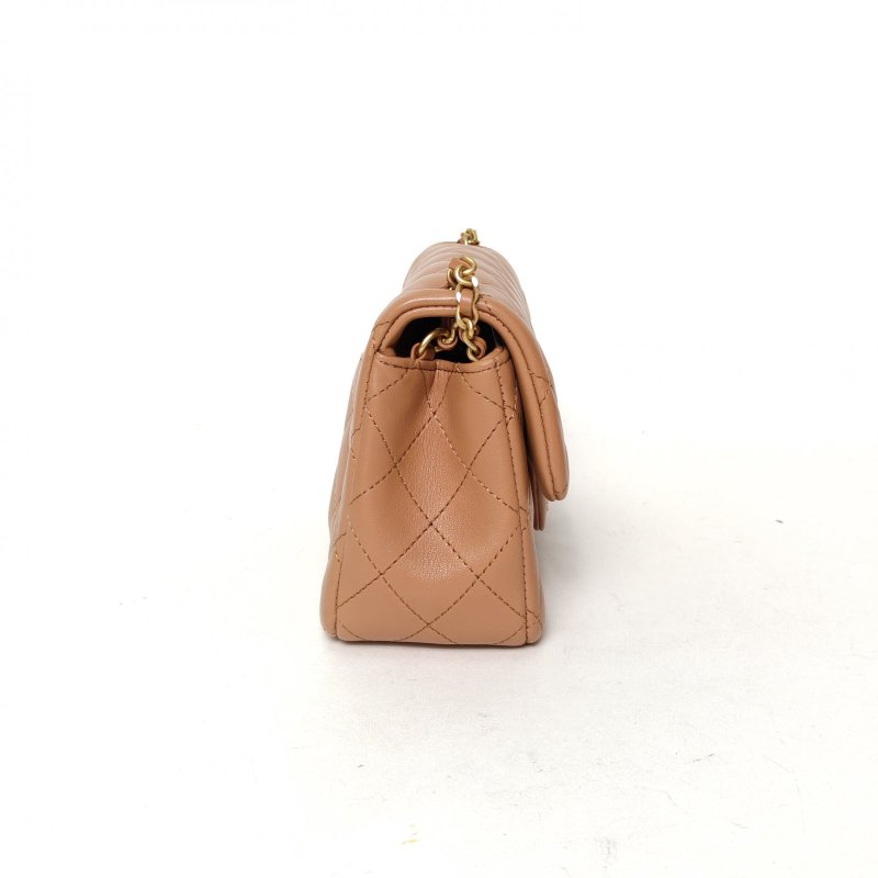 CHANEL CF口蓋包新款硬底大Mini20焦糖色羊皮晶片開金扣金球調節扣肩帶24K肩背包-3