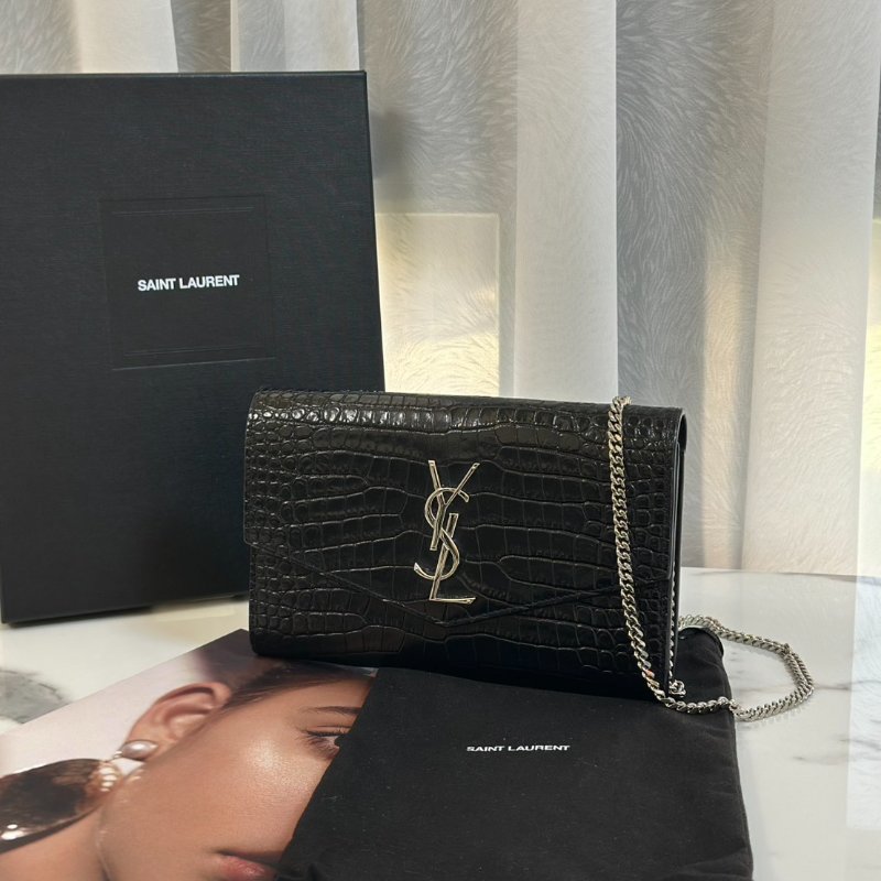 YSL 鱷魚壓紋信封鍊包 - 黑銀-0
