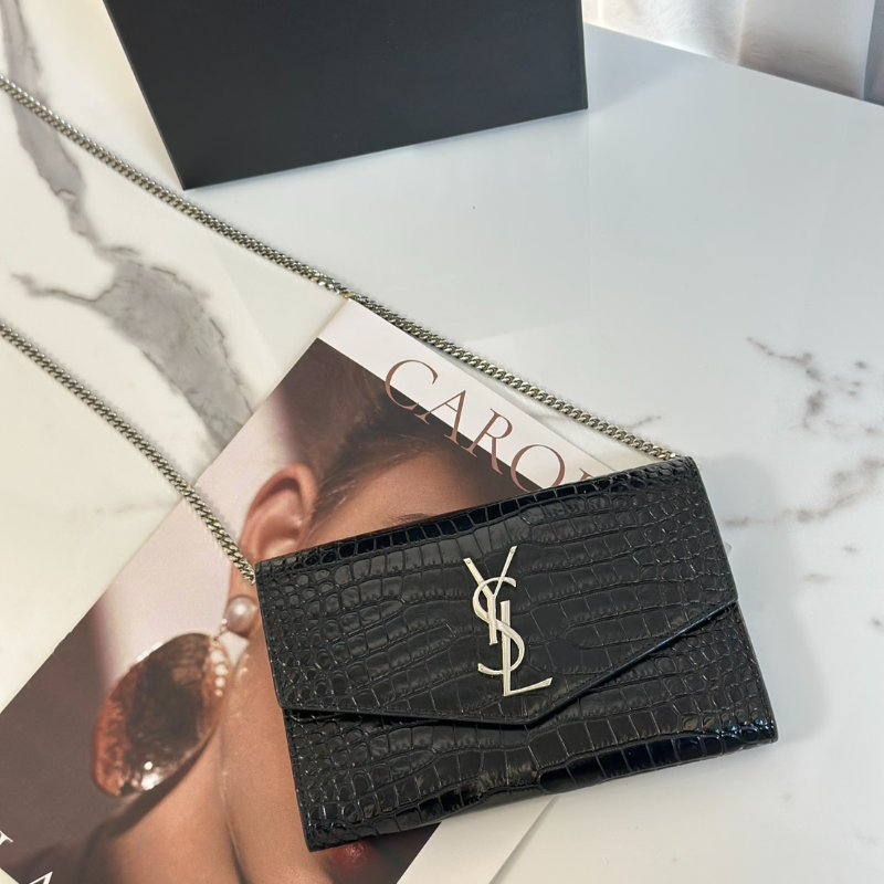 YSL 鱷魚壓紋信封鍊包 - 黑銀-2