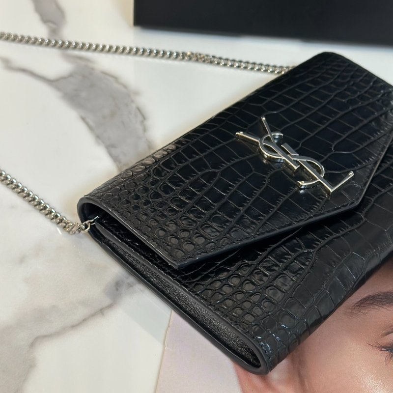 YSL 鱷魚壓紋信封鍊包 - 黑銀-4