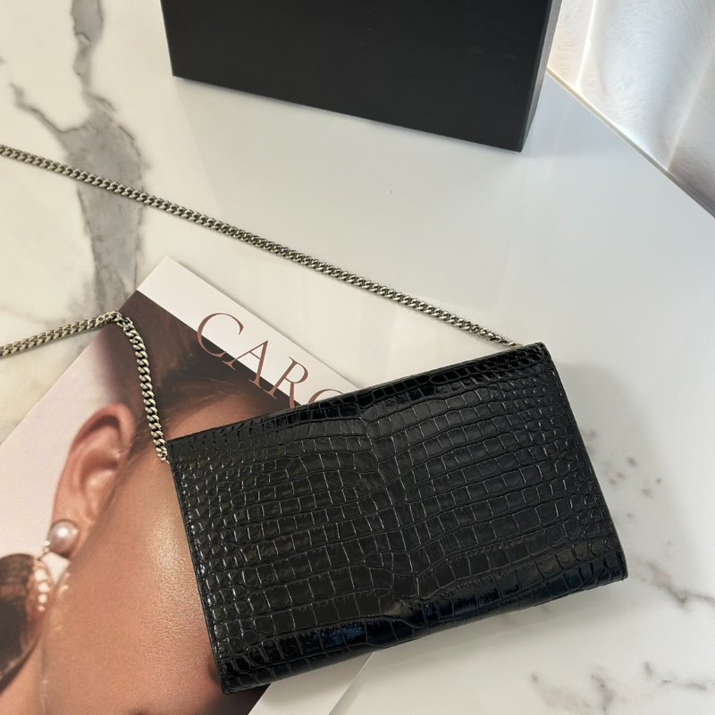 YSL 鱷魚壓紋信封鍊包 - 黑銀-6