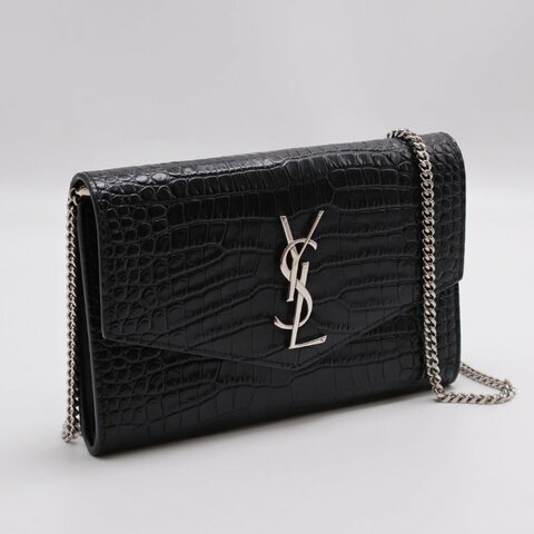YSL 鱷魚壓紋信封鍊包 - 黑銀