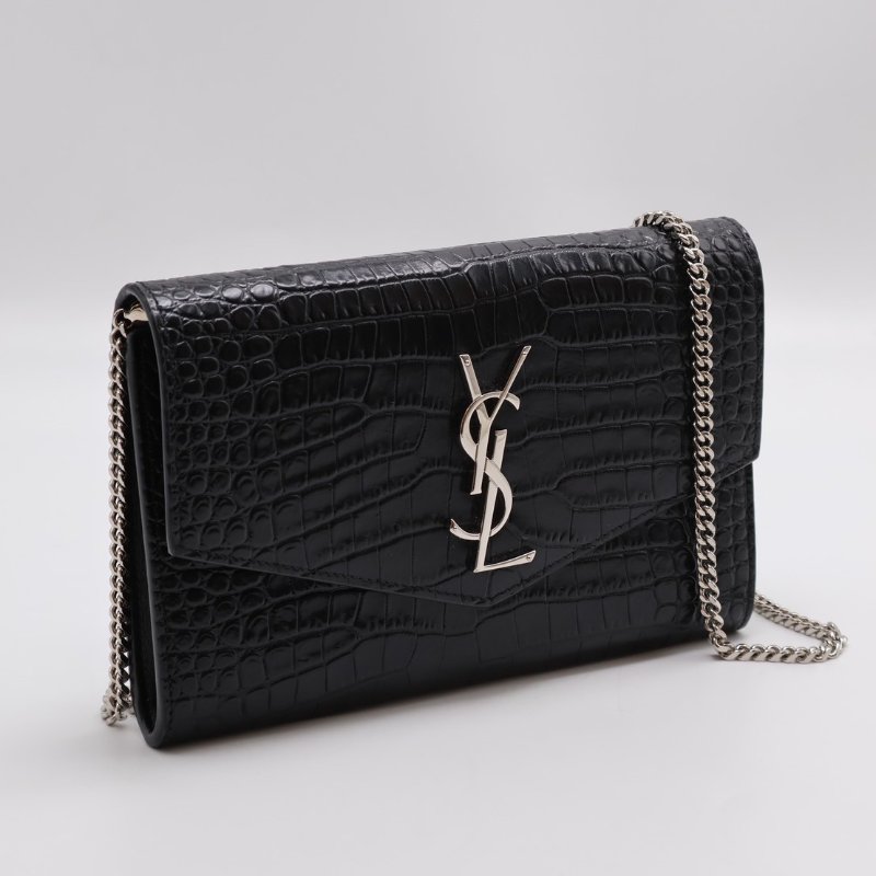 YSL 鱷魚壓紋信封鍊包 - 黑銀-0