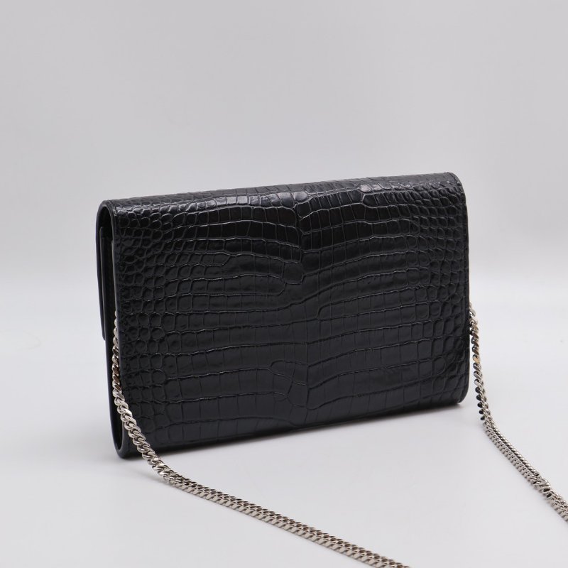YSL 鱷魚壓紋信封鍊包 - 黑銀-1