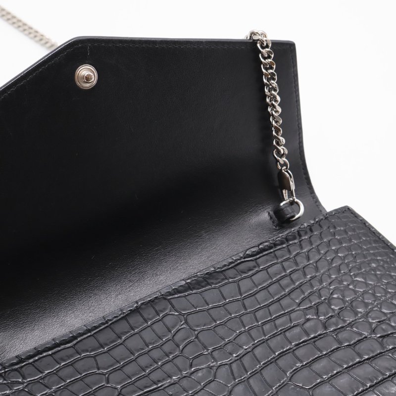 YSL 鱷魚壓紋信封鍊包 - 黑銀-3