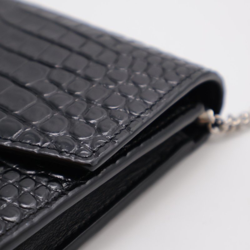 YSL 鱷魚壓紋信封鍊包 - 黑銀-5