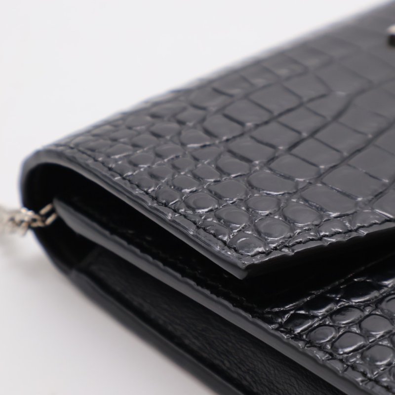 YSL 鱷魚壓紋信封鍊包 - 黑銀-6