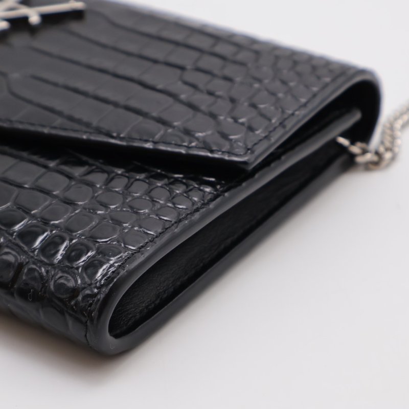 YSL 鱷魚壓紋信封鍊包 - 黑銀-7