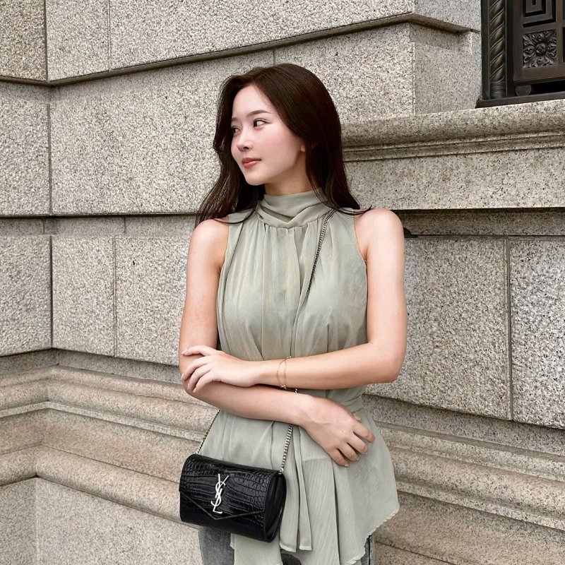 YSL 鱷魚壓紋信封鍊包 - 黑銀-9