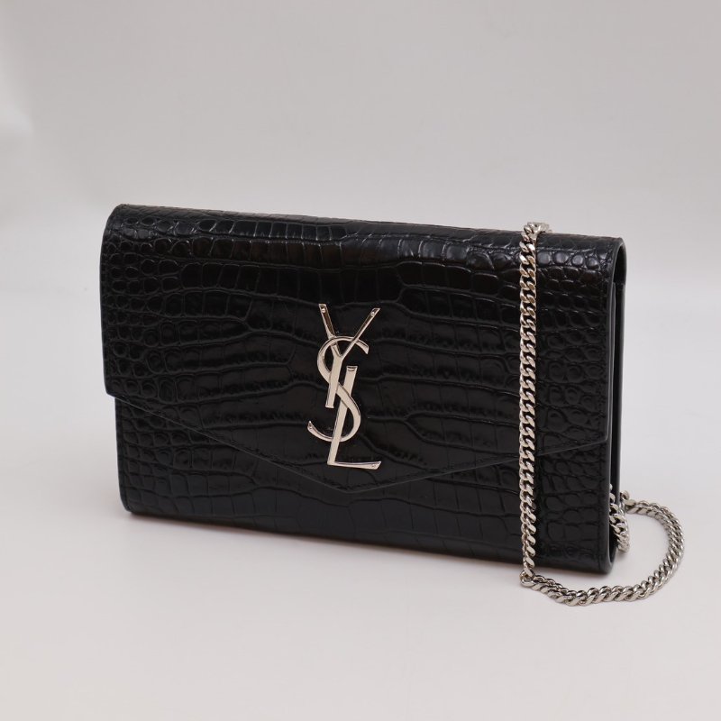 YSL 鱷魚壓紋信封鍊包 - 黑銀-10