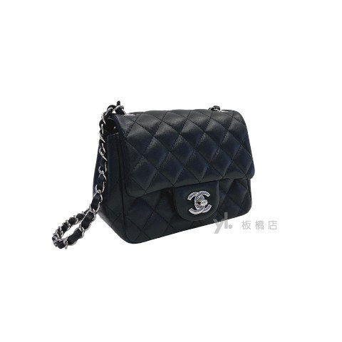 CHANEL 黑色羊皮菱格紋銀釦方胖子 A35200-2