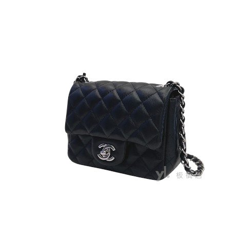 CHANEL 黑色羊皮菱格紋銀釦方胖子 A35200-3