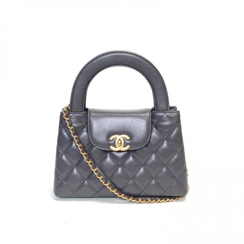 CHANEL 24AKelly鏈條手柄深灰色牛皮晶片開金扣手提包肩背包-0