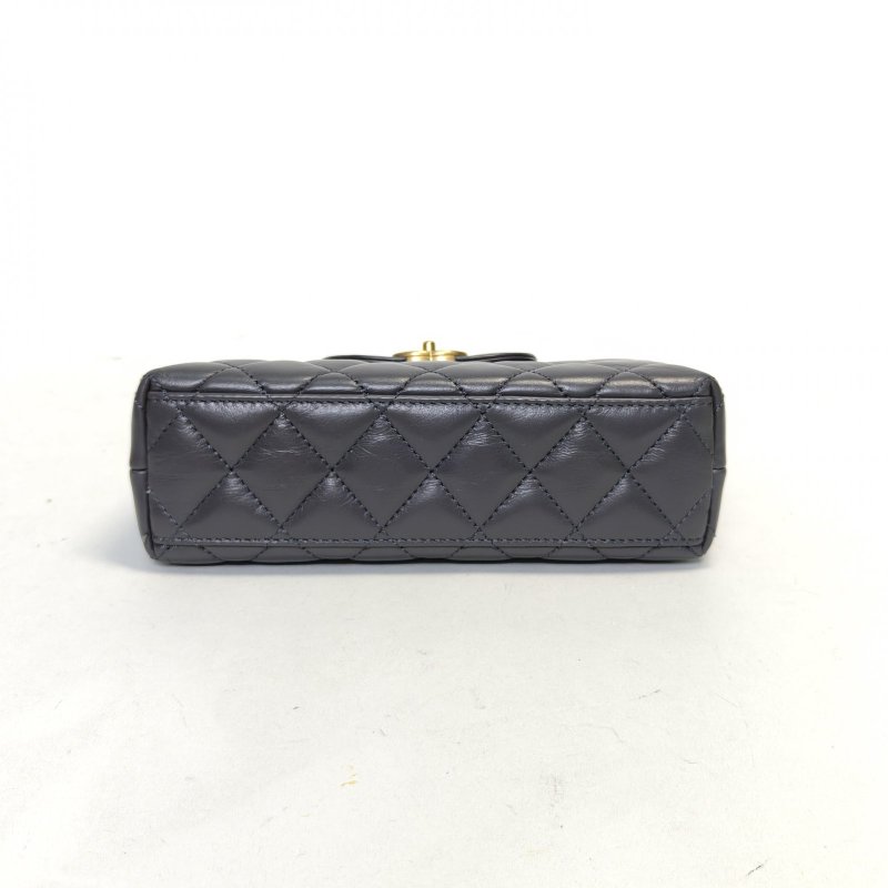 CHANEL 24AKelly鏈條手柄深灰色牛皮晶片開金扣手提包肩背包-4