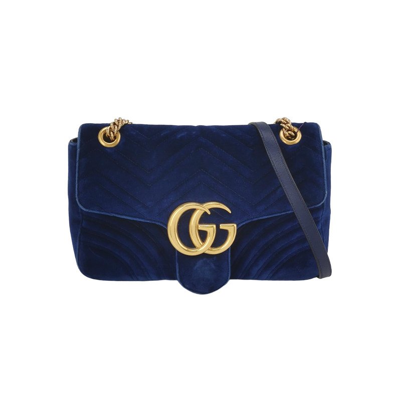 Gucci GG Marmont中號牛皮絨布V紋絎縫雙G標誌口蓋包單肩包-0