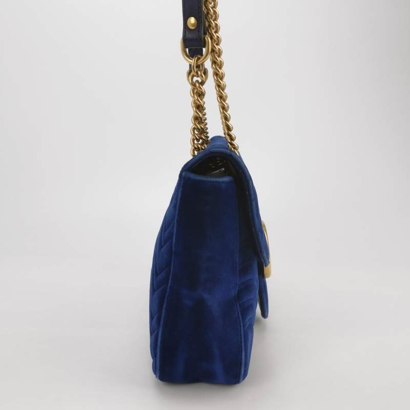 Gucci GG Marmont中號牛皮絨布V紋絎縫雙G標誌口蓋包單肩包-3