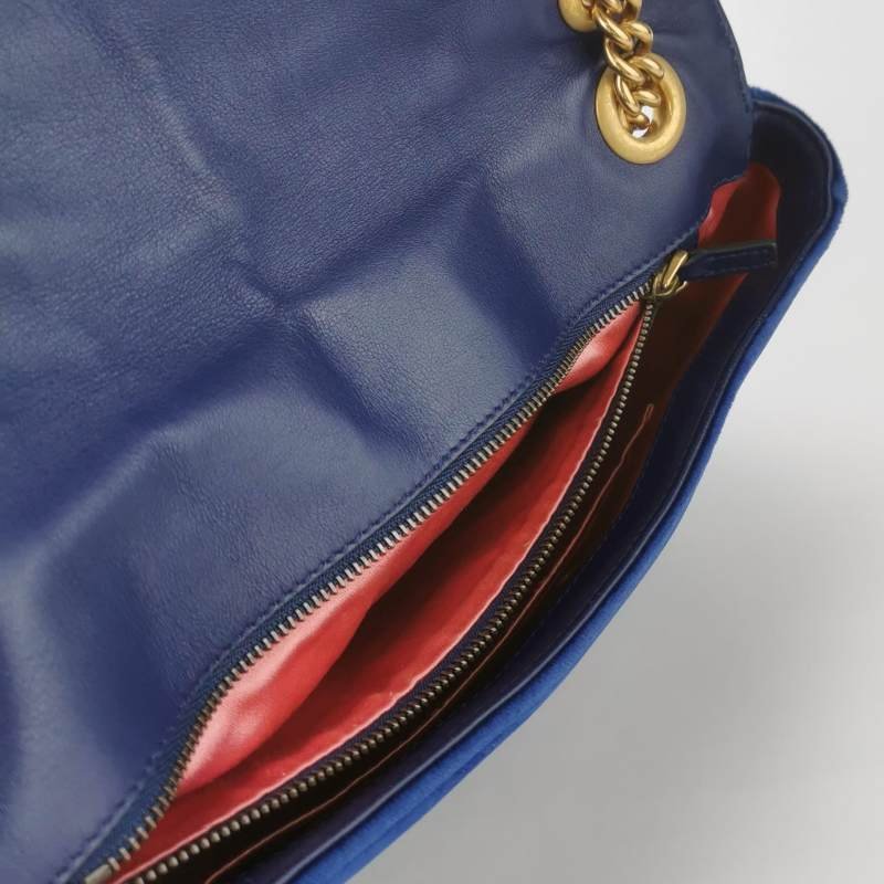 Gucci GG Marmont中號牛皮絨布V紋絎縫雙G標誌口蓋包單肩包-6