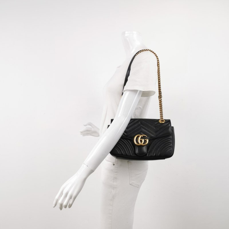 Gucci GG Marmont中號牛皮V紋絎縫雙G標誌口蓋包單肩包-1