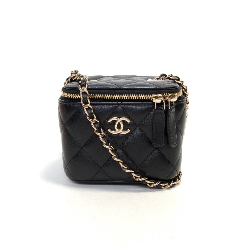 CHANEL 21P方盒子化妝包無鏡子11黑色羊皮31開金扣山茶花蝴蝶結皮穿鏈肩背包-0