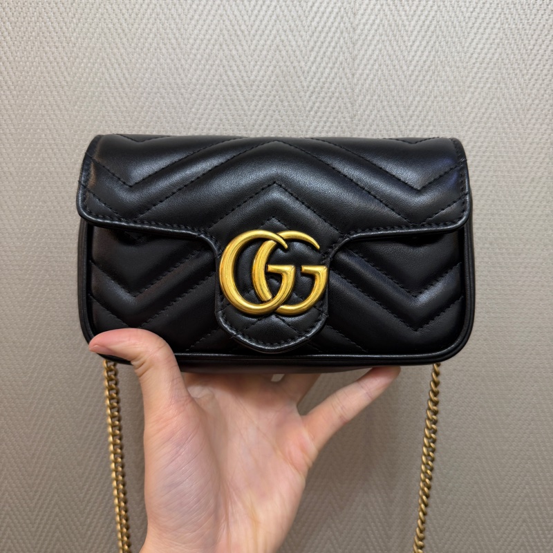 Gucci 黑牛皮霧金釦Super mini marmont斜背包-0