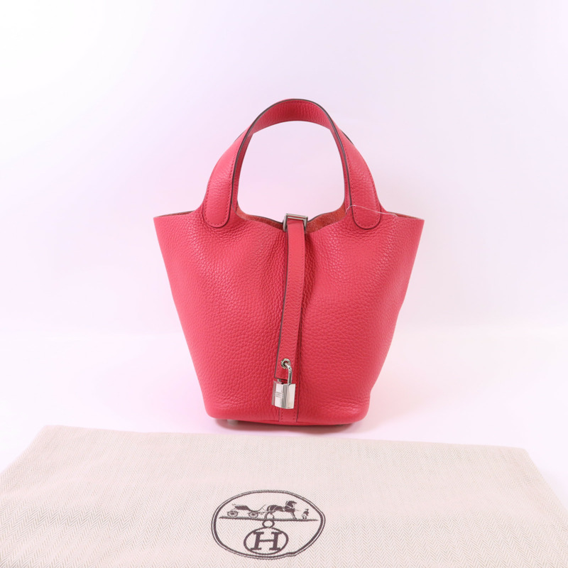 HERMES Clemence皮革Picotin PM銀扣手挽袋Rose Extreme-15