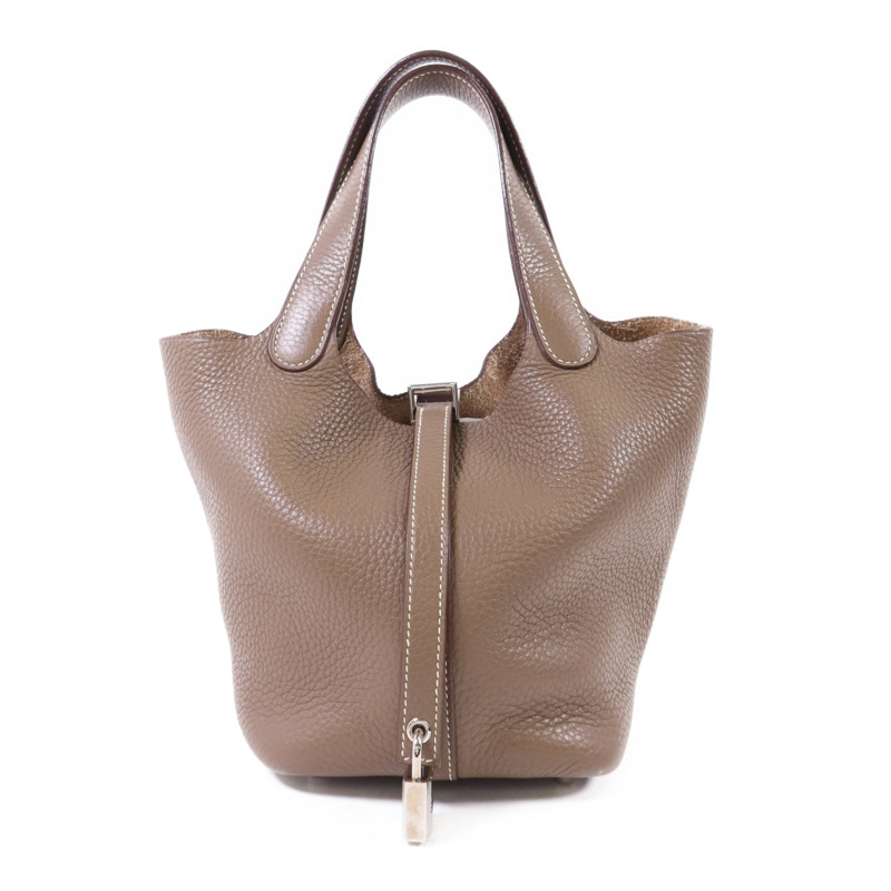 HERMES Clemence皮革Picotin PM銀扣手挽袋Etoupe-0