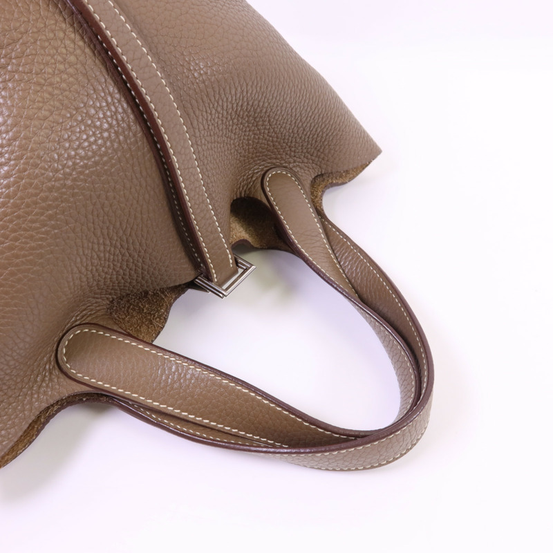 HERMES Clemence皮革Picotin PM銀扣手挽袋Etoupe-4