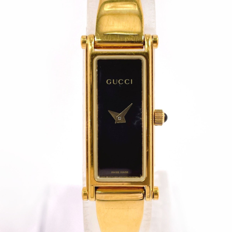 GUCCI 1500L 女士腕錶，不鏽鋼/不鏽鋼錶殼，金色錶帶，石英機芯，黑色錶盤-0