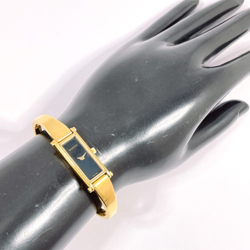 GUCCI 1500L 女士腕錶，不鏽鋼/不鏽鋼錶殼，金色錶帶，石英機芯，黑色錶盤-8