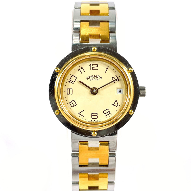 愛馬仕 Clipper 系列腕錶,不鏽鋼/鍍金銀色錶殼,銀色石英機芯,米色錶盤,女士款-0