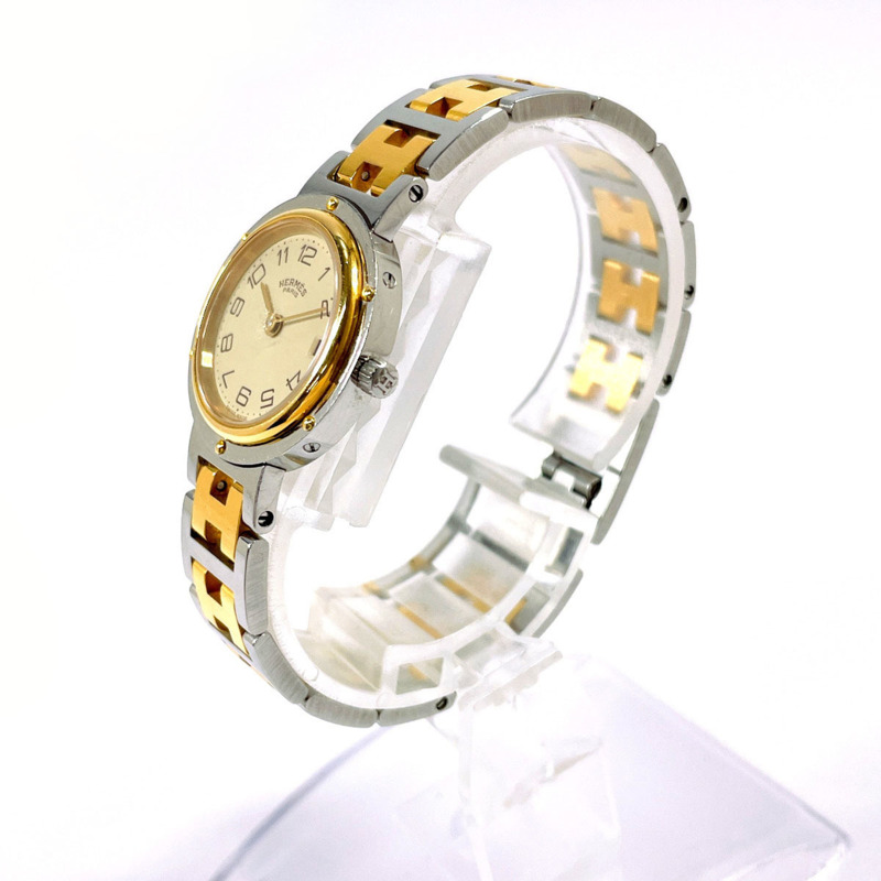 愛馬仕 Clipper 系列腕錶,不鏽鋼/鍍金銀色錶殼,銀色石英機芯,米色錶盤,女士款-1