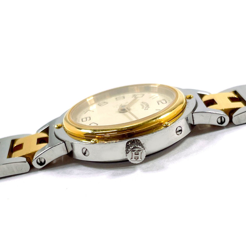 愛馬仕 Clipper 系列腕錶,不鏽鋼/鍍金銀色錶殼,銀色石英機芯,米色錶盤,女士款-9