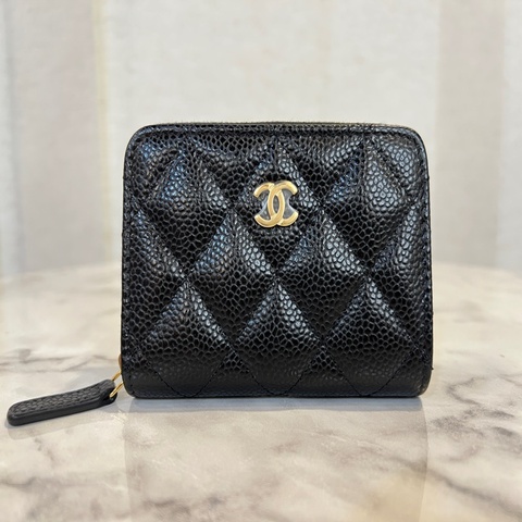 Chanel 黑荔枝皮金釦ㄇ拉零錢卡包