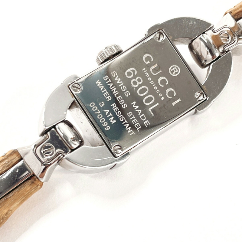 GUCCI 竹節手環腕錶 6800L，不鏽鋼/不鏽鋼，銀色，石英機芯，黑色錶盤，女士款-6