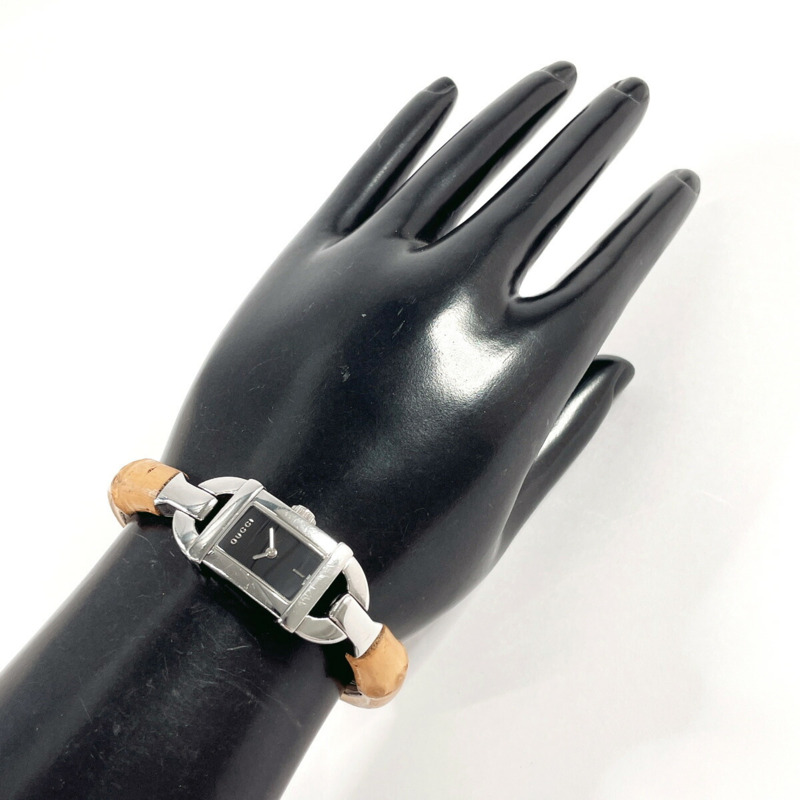 GUCCI 竹節手環腕錶 6800L，不鏽鋼/不鏽鋼，銀色，石英機芯，黑色錶盤，女士款-8