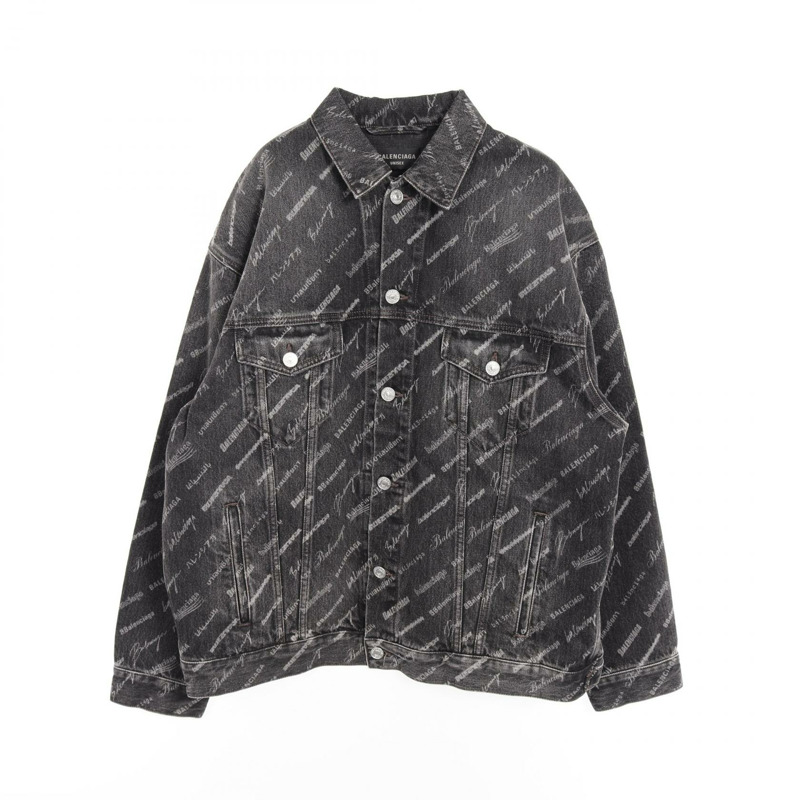 BALENCIAGA 全身logo大尺碼牛仔夾克,純棉材質,黑色,二手,男女通用-0