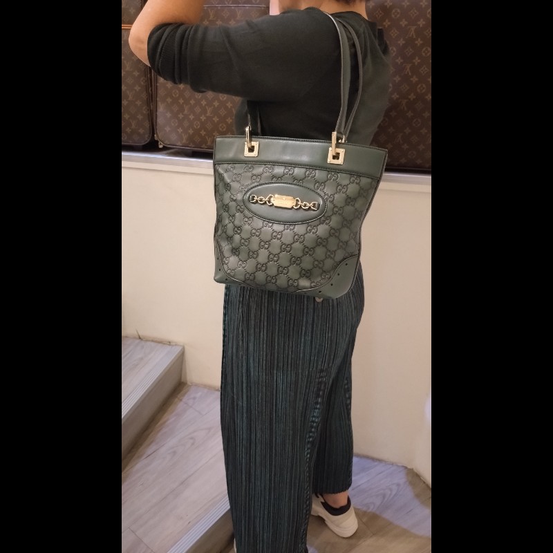 Gucci 綠色皮革壓紋小購物包-4