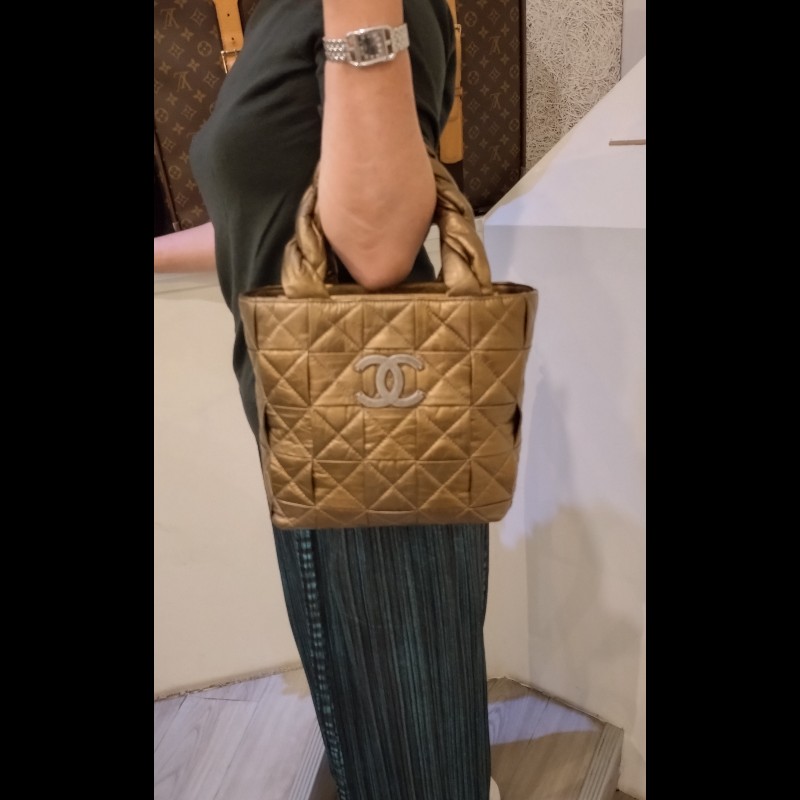 Chanel 古銅金皮革編織手提托特包-3