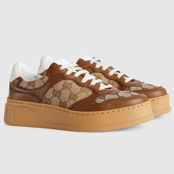 ::GUCCI:: 焦糖色皮革 GG緹花 綁帶休閒鞋 板鞋 餅乾鞋 8.5號-0