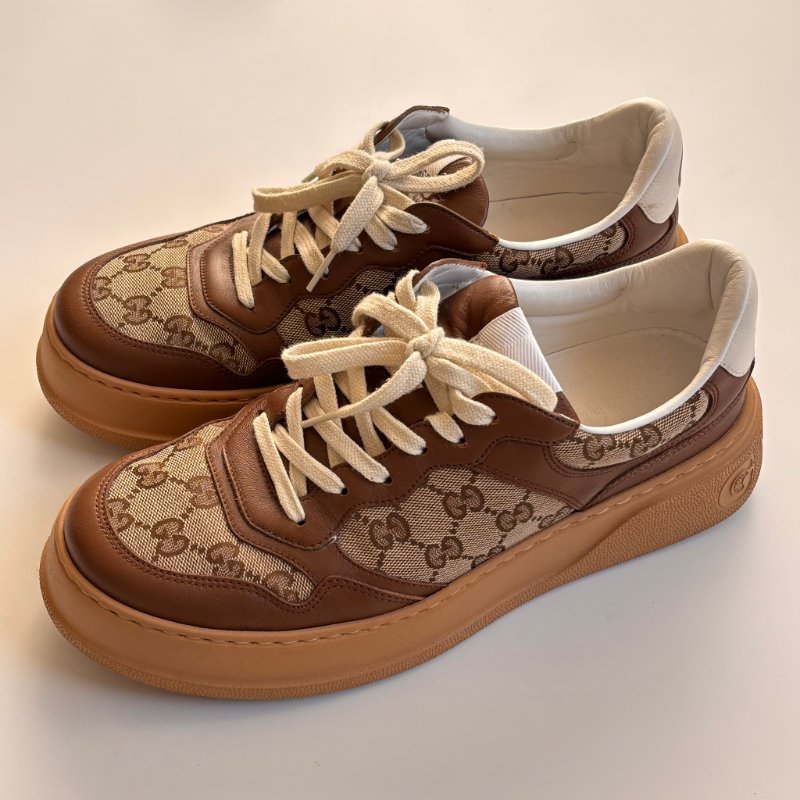 ::GUCCI:: 焦糖色皮革 GG緹花 綁帶休閒鞋 板鞋 餅乾鞋 8.5號-3