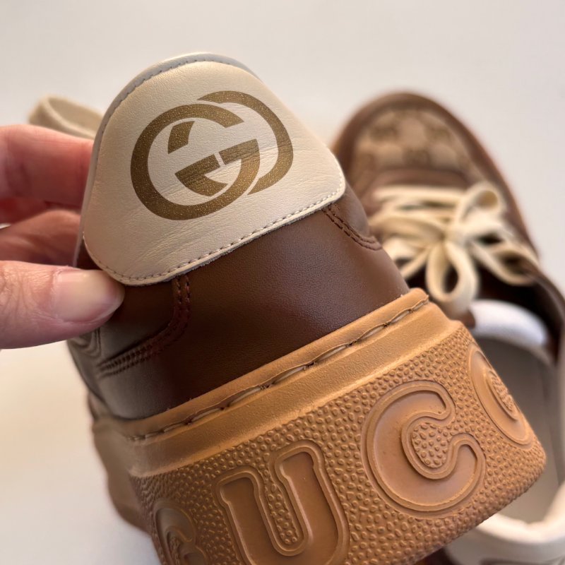::GUCCI:: 焦糖色皮革 GG緹花 綁帶休閒鞋 板鞋 餅乾鞋 8.5號-5